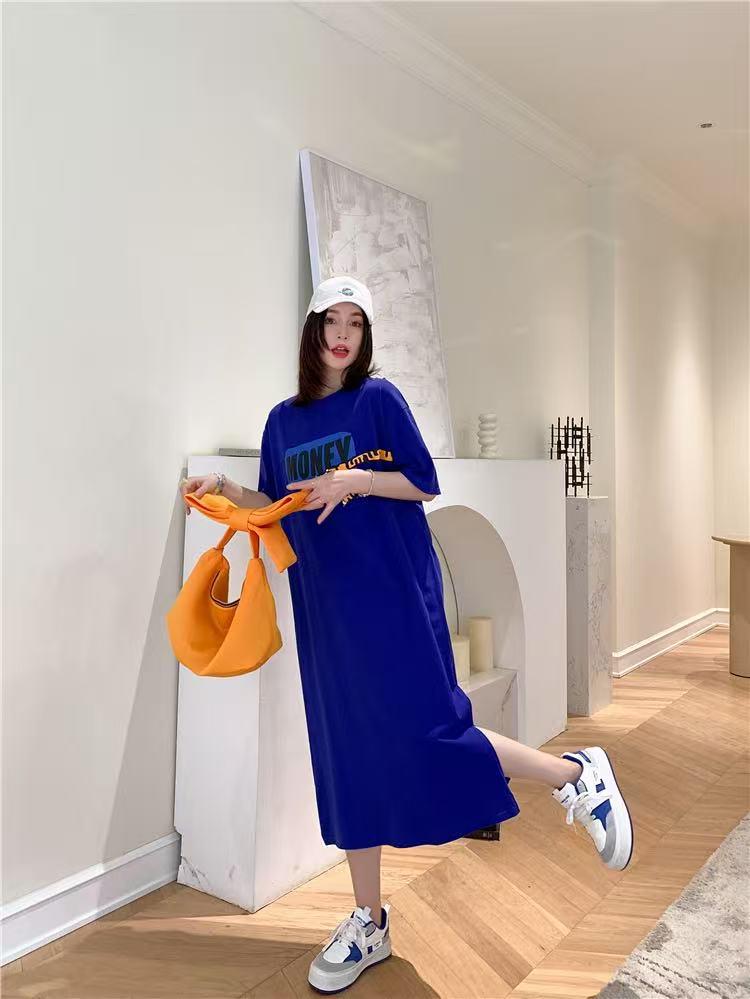 Korean Style Summer Slit Print T-Shirt Dress for Women - Loose, Slimming, Short Sleeve, Oversized Nightdress