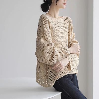 Simplicity Casual Spring/Summer Solid Women's O-Neck Hollow Out Korean Style Fashion Loose Long Sleeve Pullovers Knitted Tops