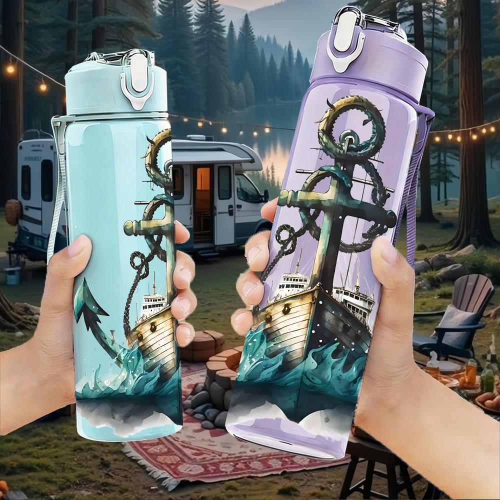 1PC Vintage Anchor Marine Pattern 750ml Color Plastic Sports Water Bottle Leakproof Flip Straw Lid Suitable for Sports Office Home Use