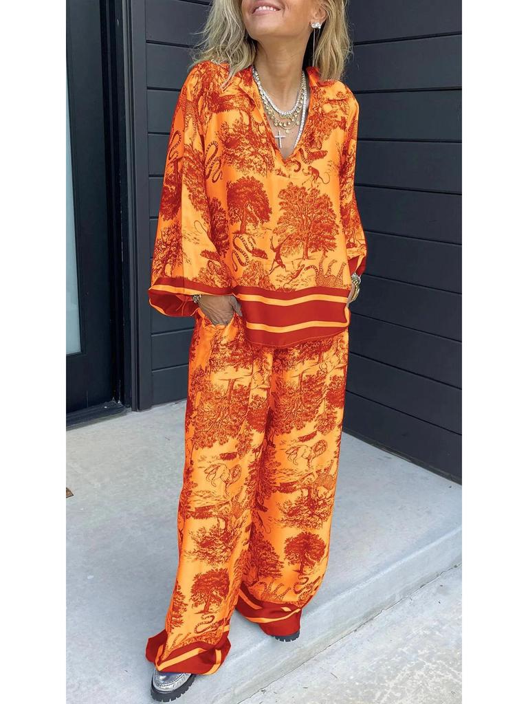 2024 V-neck Print Long Sleeve Women's Fashion Set with Pockets