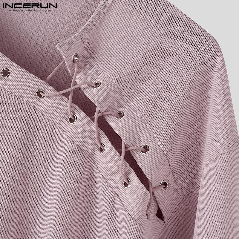 INCERUN Men Short Sleeve Bandage Texture Casual Loose T-shirts Tops