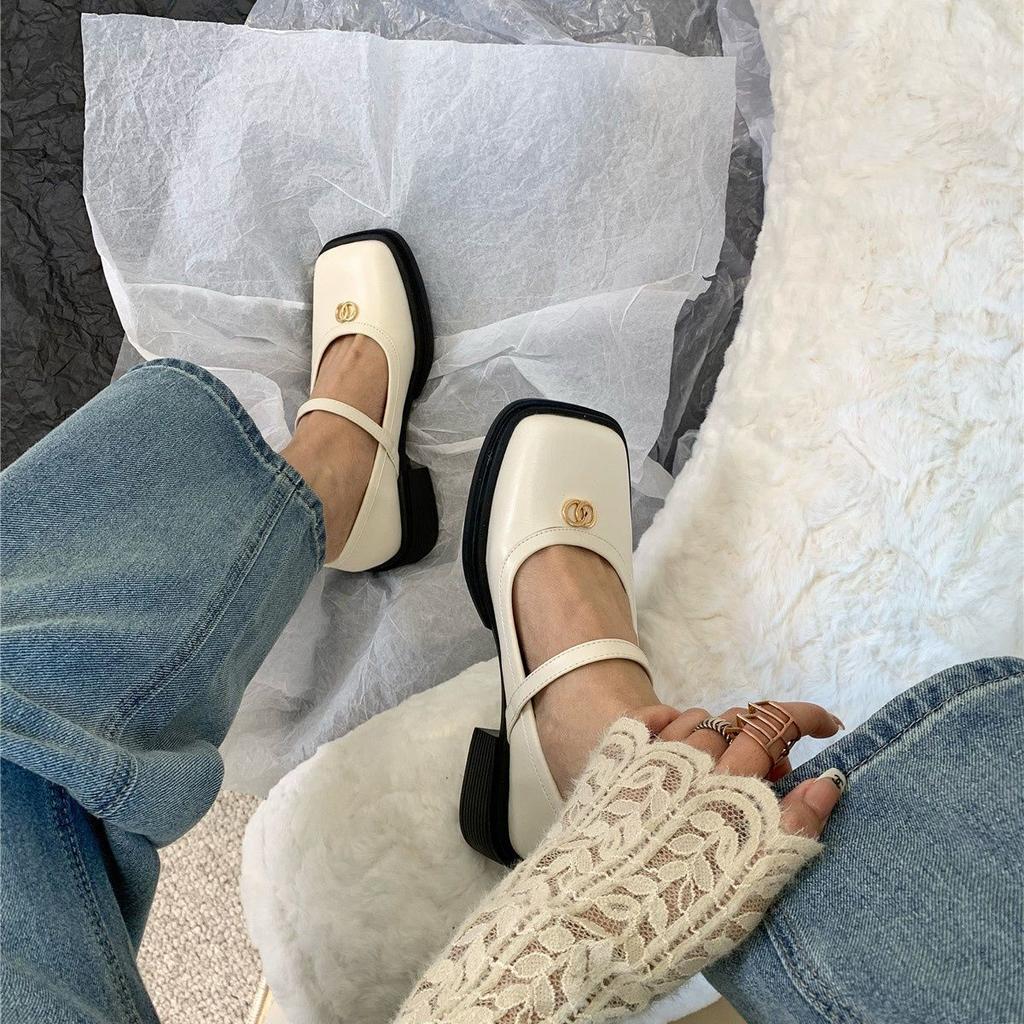 French Retro Shallow Mouth Square Head Mary Jane Small Leather Shoes Women's Shoes New Spring Casual Flat Shoes