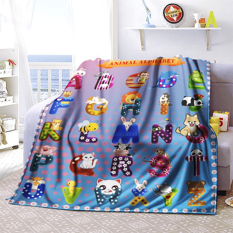 1pc Cozy Cute Little Animals Alphabet Print Blanket - Lightweight Flannel Throw For Sofa, Bed, Livingroom, Office, Couch, Travel