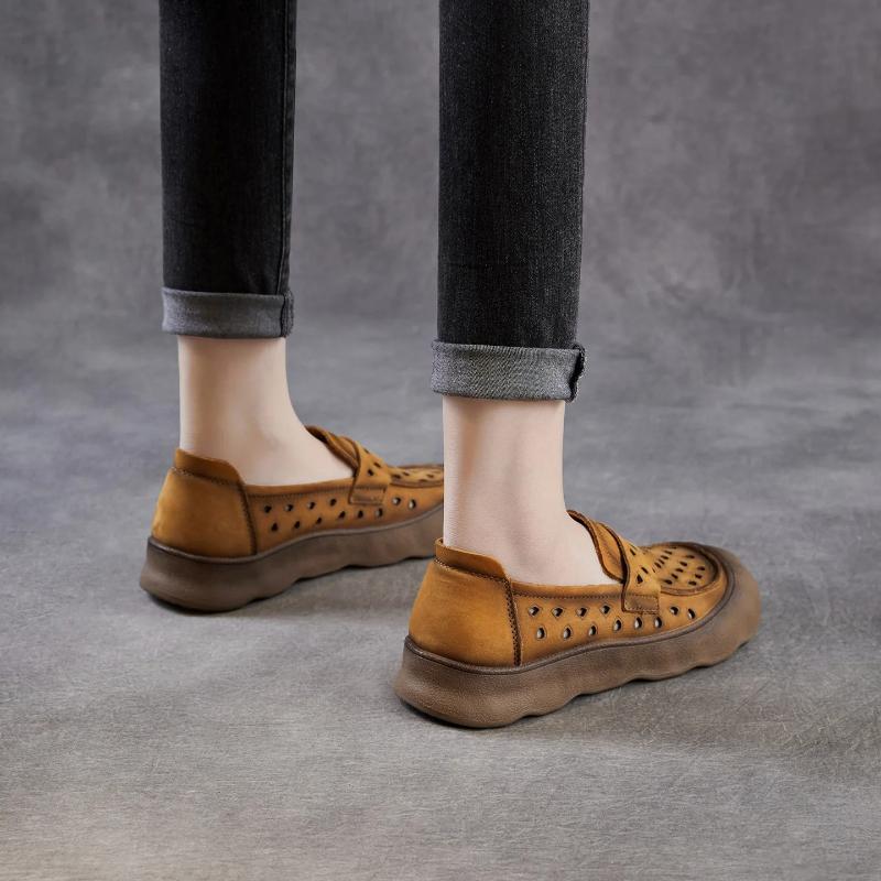 Johnature Soft Soled Slip-on Genuine Leather Loafers Comfortable Hollow-out Breathable Women's Flat Shoes