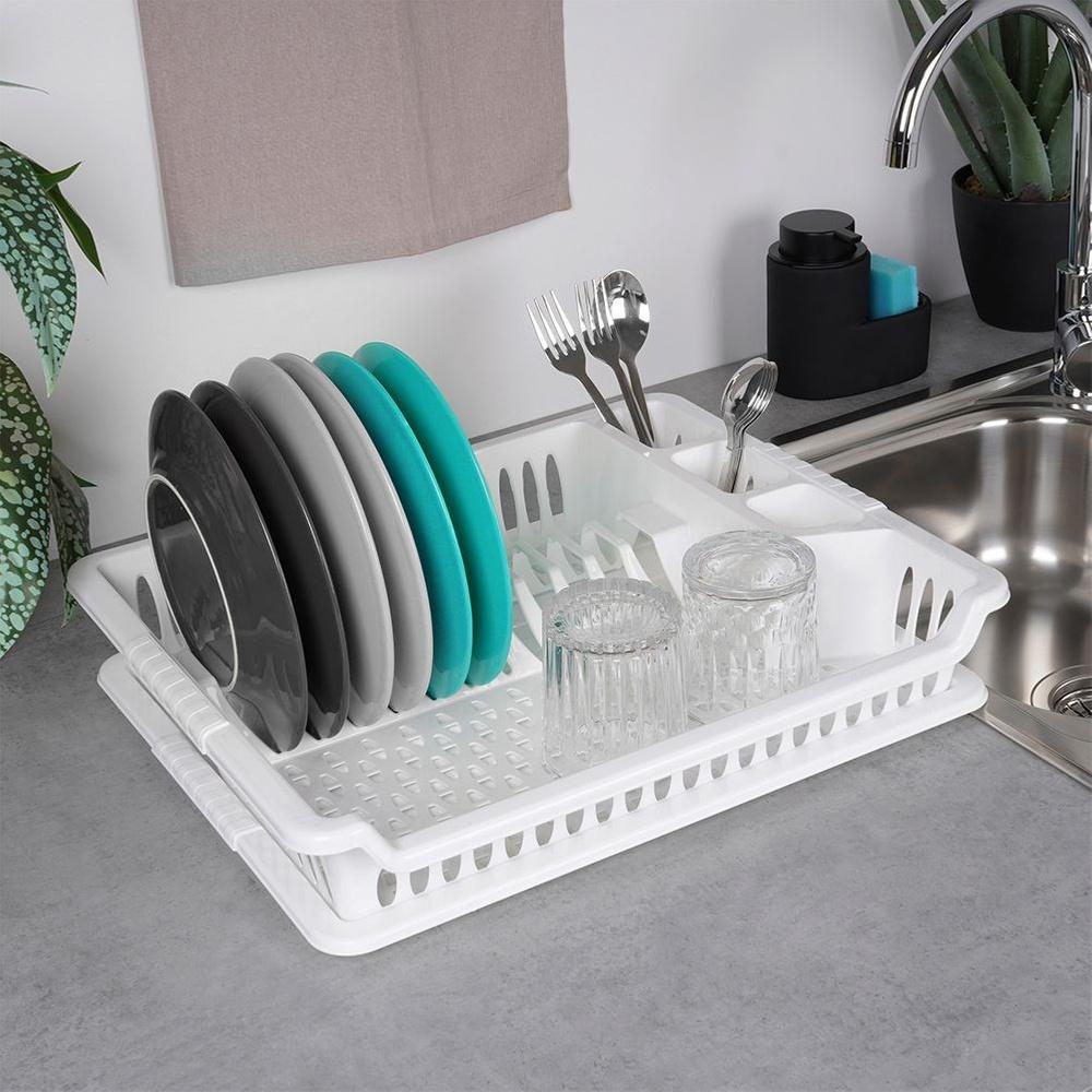 White Dish Drying Rack with Drip Tray 46x37cm
