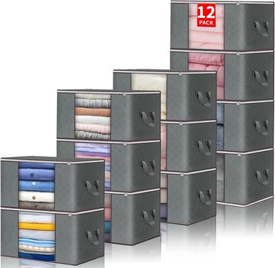 Set of 12 Futon Storage Bags and Clothing Storage Cases, 50 X 35 X 20 Cm, Large Capacity Storage Boxes, Non-Woven Fabric, Foldable, with Handles, Brea