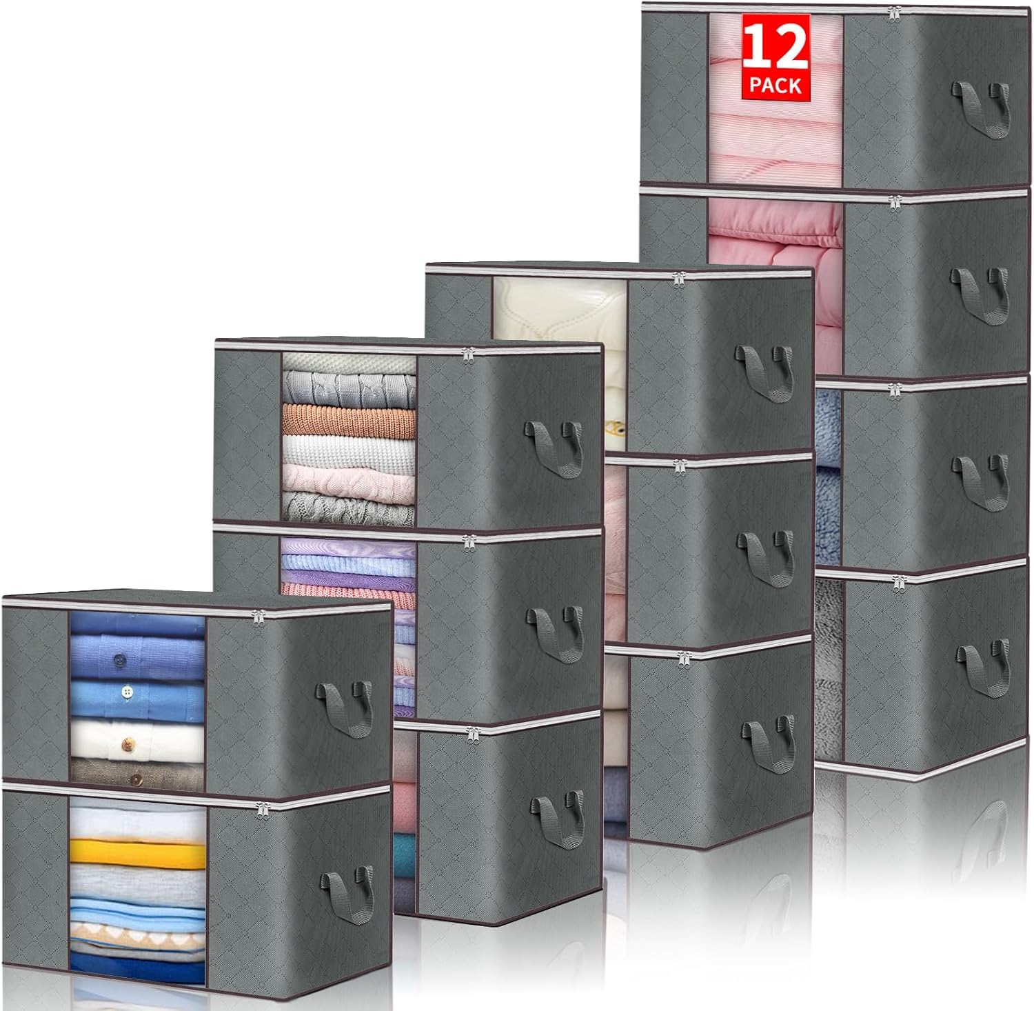 

Set of 12 Futon Storage Bags and Clothing Storage Cases, 50 x 35 x 20 cm, Large Capacity Storage Boxes, Non-Woven Fabric, Foldable, with Handles, Brea
