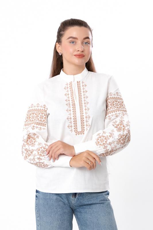 Blouse – Women's Linen Embroidered Shirt with Puff Sleeves & High Collar, Any Season 8409-132-22 HC