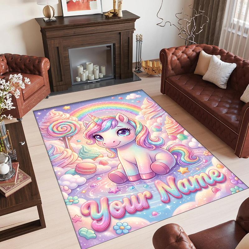 Alfombra de Suelo de Terciopelo de Cristal con Temática de Unicornio, Alfombra Cálida Personalizada con Nombre y Texto, Decoración del Hogar