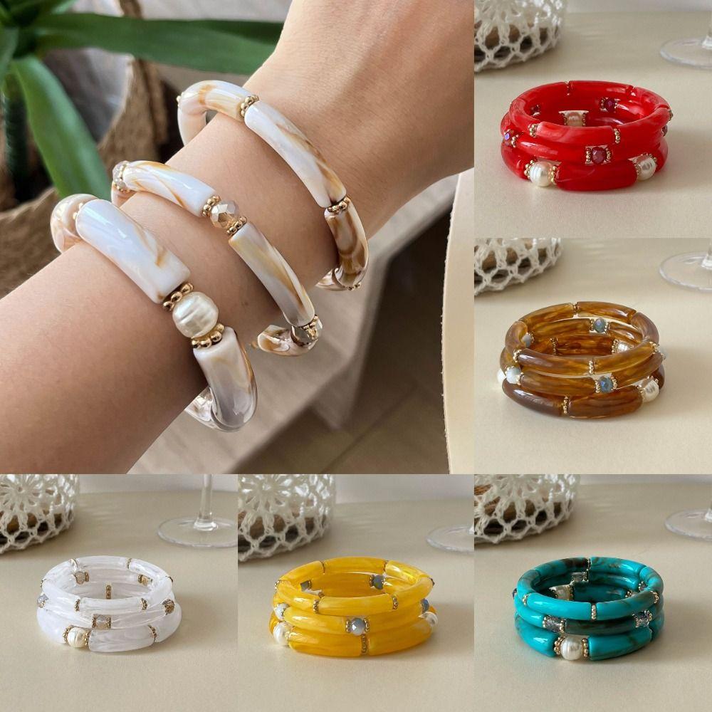 3Pcs/Set Multicolour Beads Resin Bracelet Punk Cuff Bracelet Set New Bamboo Pipe Bangles Gifts