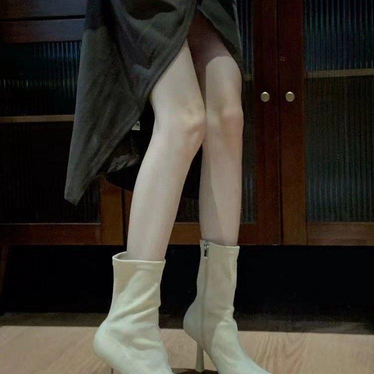 Socks boots pointed thin heels beige thin boots autumn and winter new high heels thin elastic short boots women