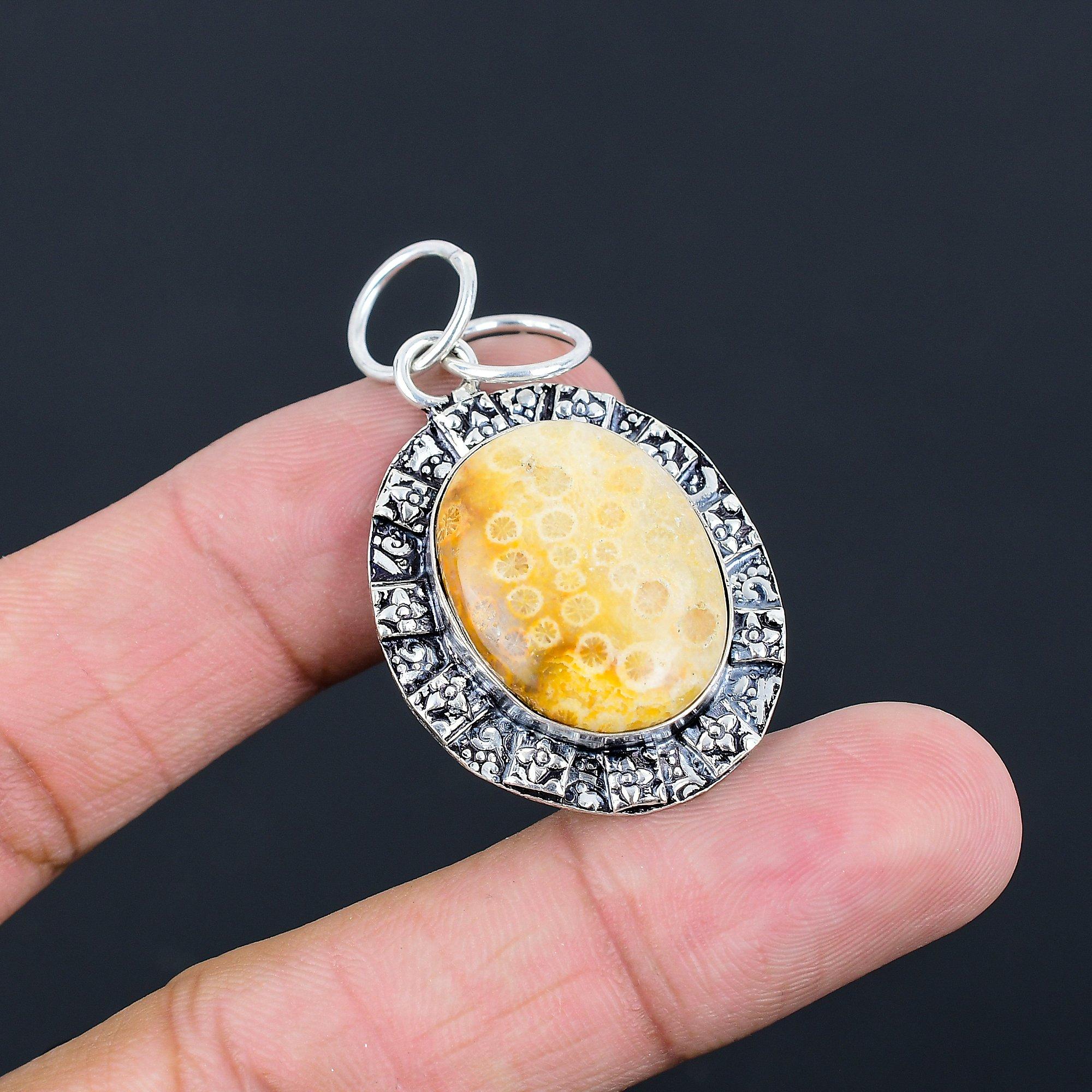 Sisters Day Sale 925 Silver Fossil Coral Stone Root Chakra Artisan New Pendant