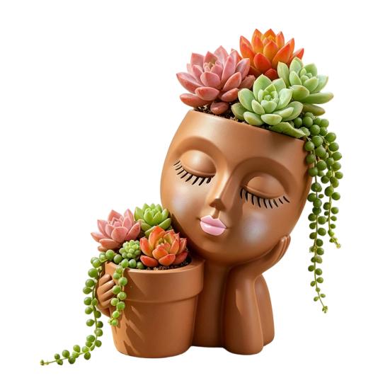 Creative Eyelash Doll Succulents Planter, Cute Sleeping Face Ceramic Pot with Double Holes, Kawaii Desktop Decor for Office Desk, Indoor Small Plant