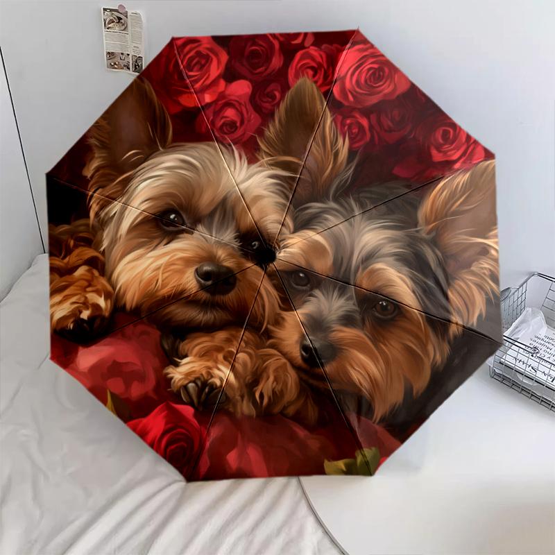 Two Yorkshire Terriers Pattern, Automatic Folding Umbrella, Portable and Foldable Design, 8 Ribs, a Christmas or Birthday Gift.