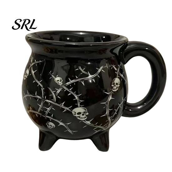Halloween Tea Drinkware Witch Coffee Mug with Three Legged Cauldron Design, Non Slip Handle Ceramic Decorative Witchcraft Prop Cup, 370ml Capacity for