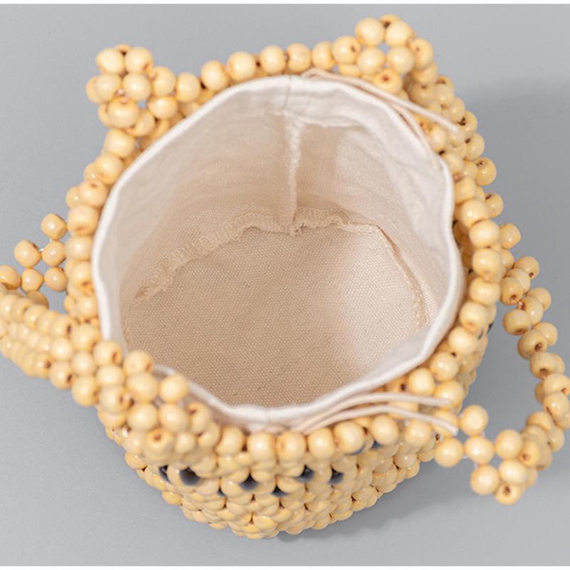 Borsa Secchiello Fatta a Mano con Perline e Striscia a Contrasto Stile Boho Leggera Intreccio di Perline di Legno Borsa a Mano per Pendolarismo Quotidiano Viaggio in Spiaggia