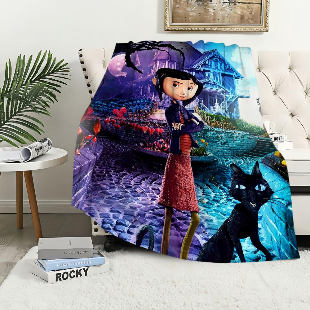 Kreskówkowy Koc Filmowy Coraline Pluszowy Dywanik do Drzemki na Sofę do Salonu Ciepły Biuro Sypialnia Urodziny Dom Podróż Dzieci Prezenty