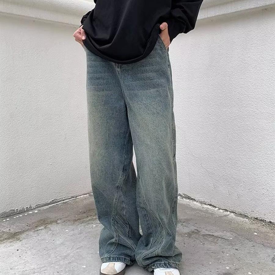American retro washed wide-leg jeans men's tide autumn loose straight drape pants design pants men