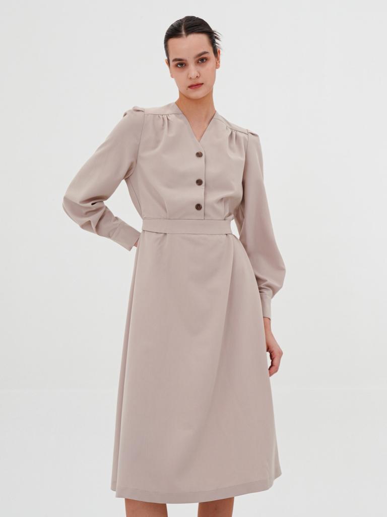 Acud V-Neck Long Sleeve Shirt Dress _Beige