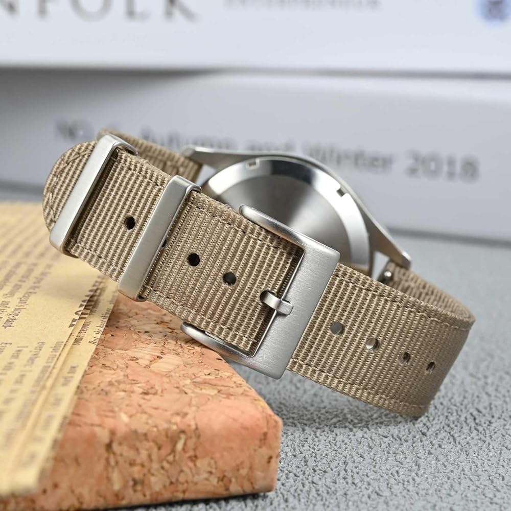 [ANBEER] 20mm Nylon Two-Piece Quick Release Replacement Strap with Metal Loop Khaki Silver Buckle