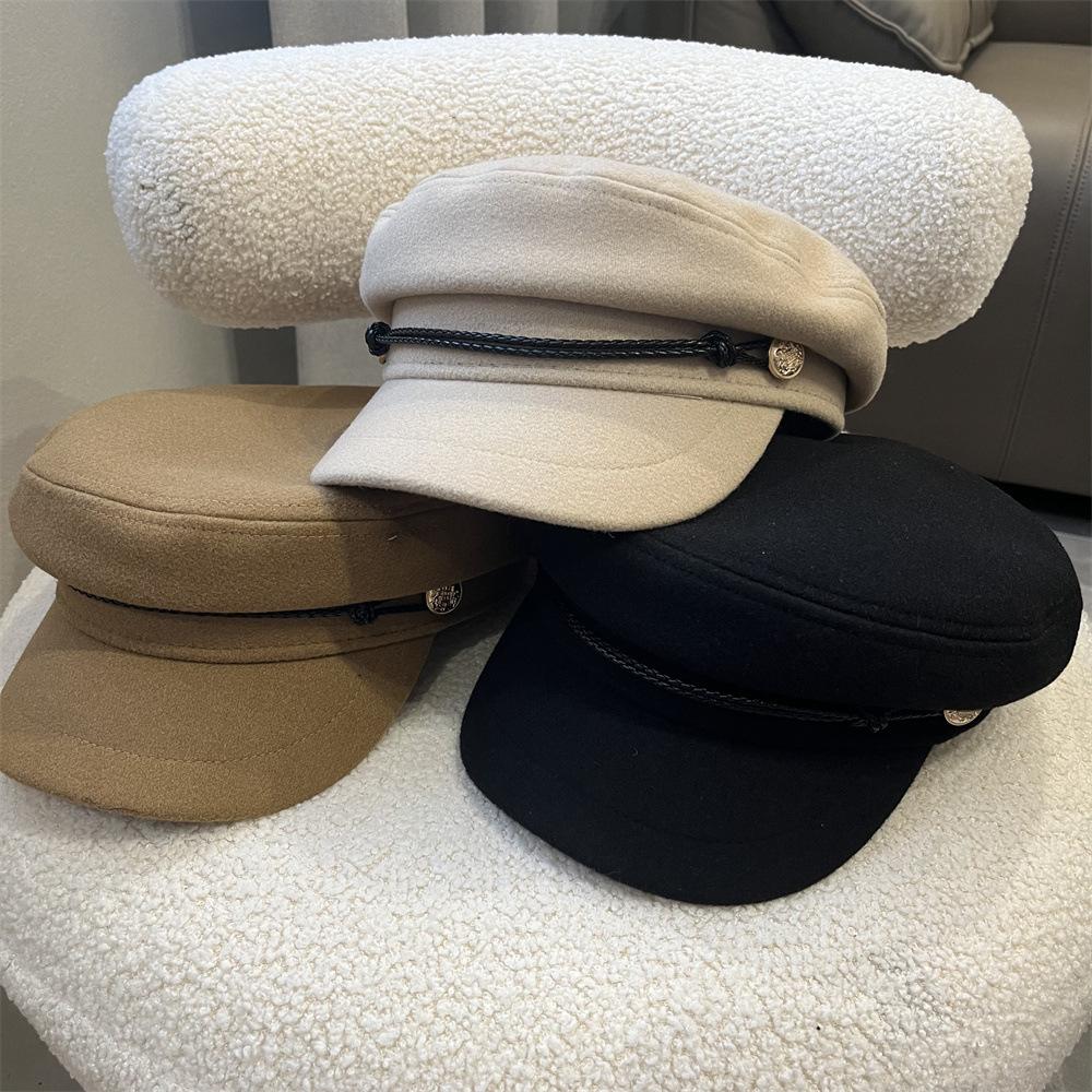 Octagonal Hat Children's Autumn and Winter Fashion Versatile Painter Hat British Retro Leather Rope Flat Top Hat