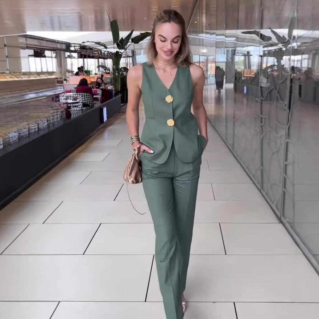 Summer European American Sleeveless Slim Fit Vest Temperament Commuter Pants Suit