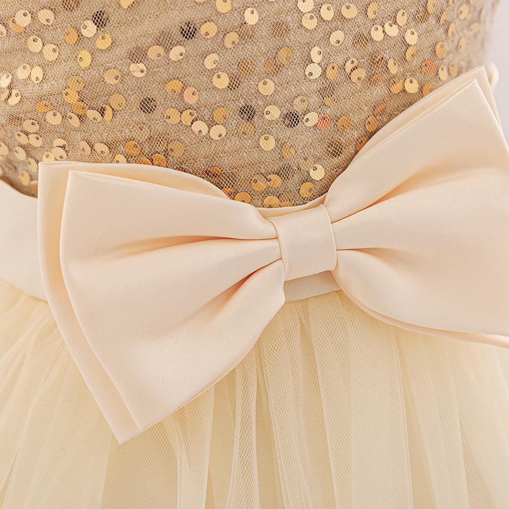 Girls' Sequin Princess Dress with Bow and Single Shoulder Strap - Puff Mesh Skirt for First Birthday
