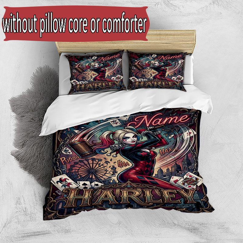 3pcs Duvet Cover Set (1*Duvet Cover + 2*Pillowcase, Without Core), Custom Name Harley Quinn Pattern Bedding Set, Home Bedroom Decor Gift