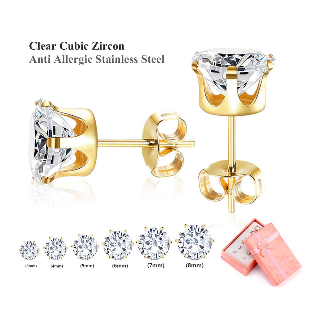 6Pairs/Set CZ Stud Earrings Stainless Steel Round White Cubic Zirconia Hypoallergenic 6 Claws Earring Trendy Jewelry