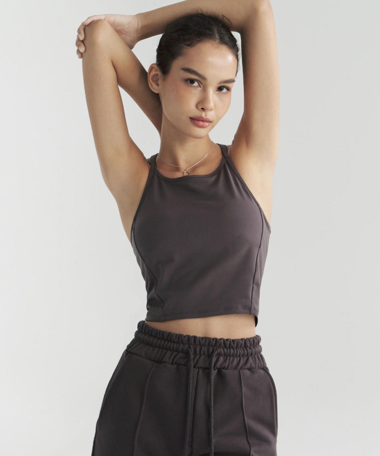 Poete Leaf Sleeveless Crop Top - Charcoal L