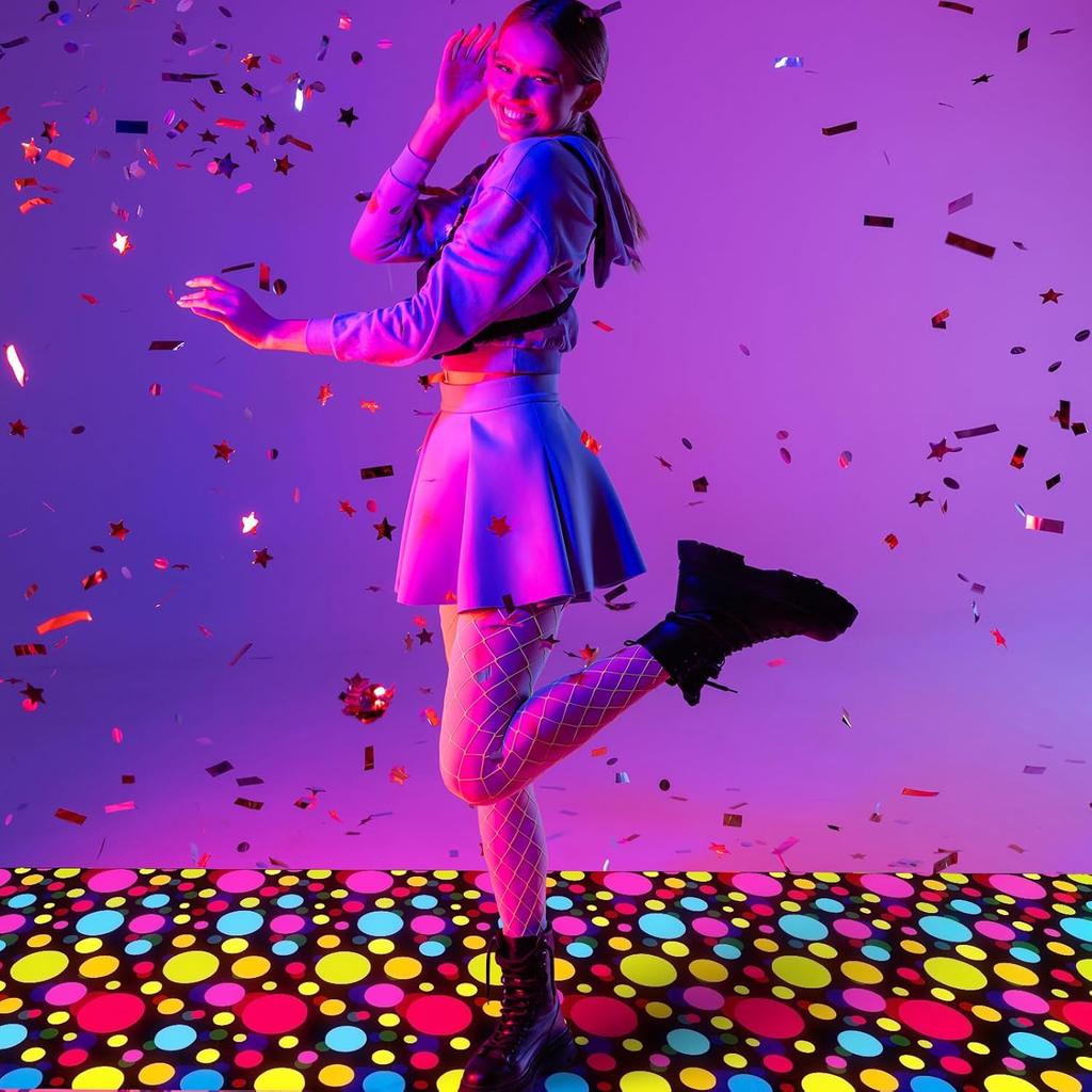 Mixweer 118 x 39 Inch Disposable Circle Dot Neon Dance Floor 80 90s Party Decorations DIY Plastic PE Dance Floor Neon Carpet Runner Aisle Runner
