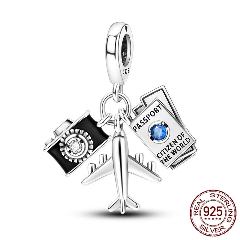 Mula Koppar Blå Resa Flygplan Berlocker Hänge Pärlor Passar Originalpan Armband Smycken För Kvinnor Diy Gåva