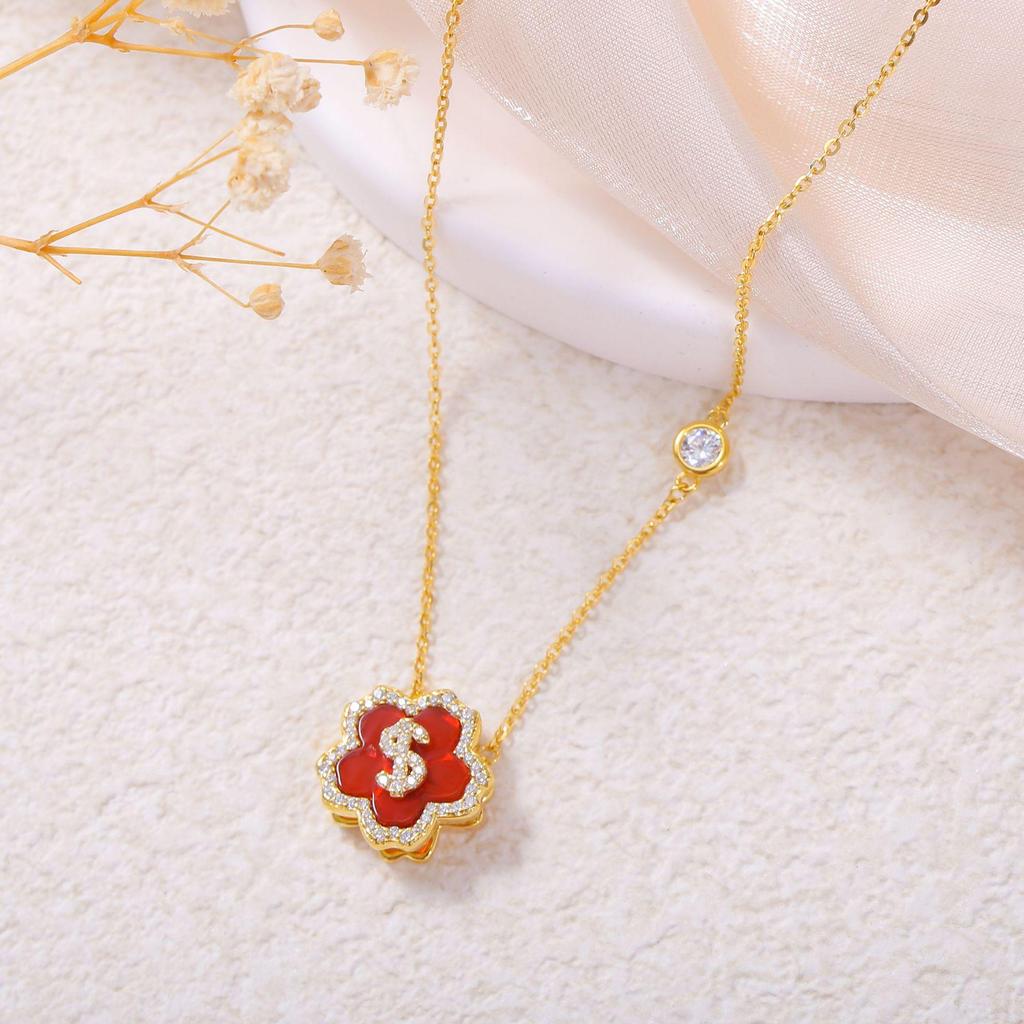 S925 Sterling Silver Rotating Red Agate Pendant Necklace for Women – Light Luxury and Versatile