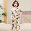 Floral Print Cotton Silk Knee-Length Dress for Middle-Aged Women – Lightweight, Short-Sleeved, Loose-Fit, Plus Size