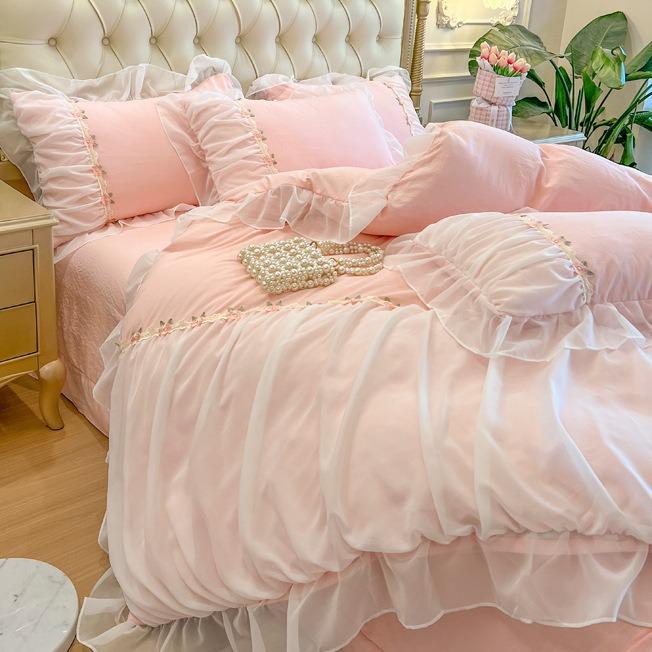 Light Luxury French Chiffon Side Bed Set Four-piece Set Washed Skin-friendly Breathable Bed Sheet Quilt Cover Pillowcase