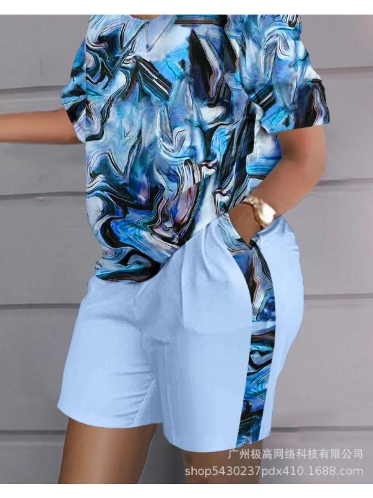 Sommer Herbst 3D-Druck Damen Lockere Sportanzüge Rundhals Kurzarm Top Shorts Zweiteiliges Set