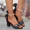 Fashion Sandals for Women Summer New Round Head Hollow Pearl Ankle Buckle Female Shoes Large Size Peep Toe Thick High Heeled Sandales
