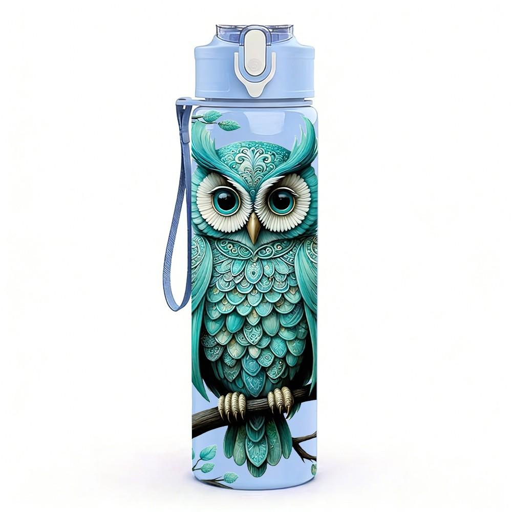 1PC Forest Owl Teal Vintage Illustration Art 750ml Color Plastic Sports Water Bottle Leakproof Flip Straw Lid Suitable for Sports Office Home Use