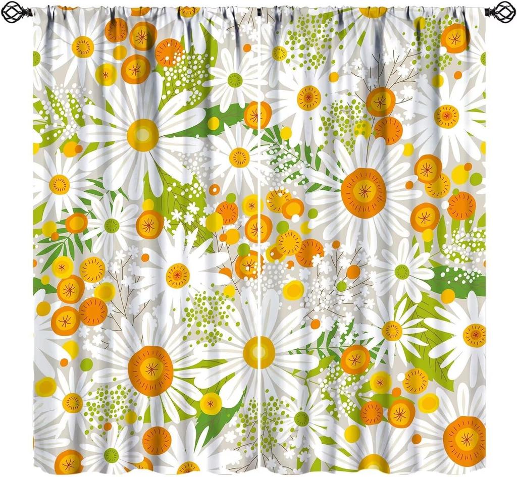 Pink Orange Flower Curtains Girls Bedroom Retro Hippie Groovy Daisy Floral Print Window Treatments Kids Curtain Polyester Ideal For