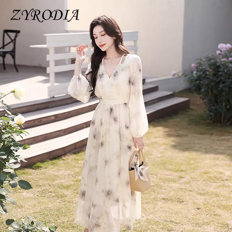 Elegant French Romantic V-Neck Fairy Dress: Slimming Long Sleeve Waist-Cinching Skirt for Women M