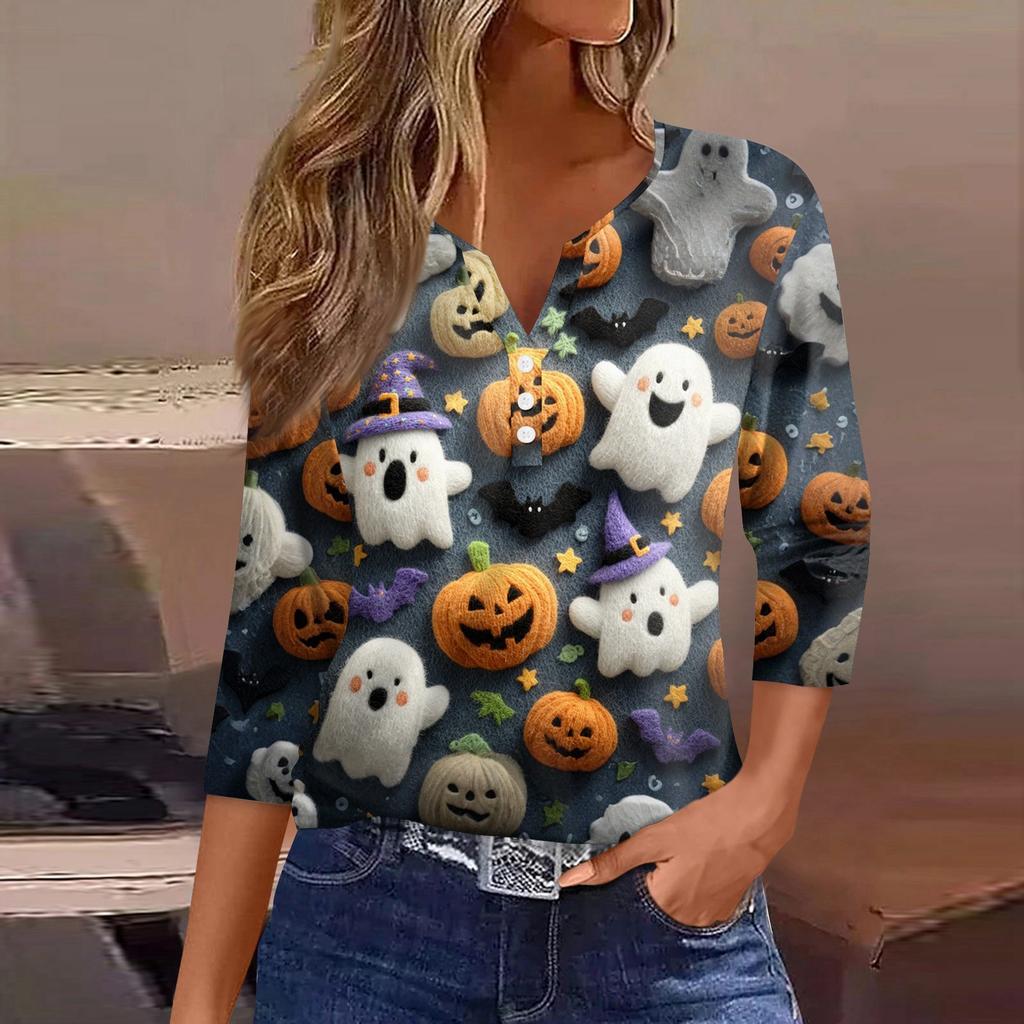 Women's T Shirt Tee Halloween Printed Button 3/4 Sleeve Tunic Daily Weekend Fashion Basic V- Neck Regular Top