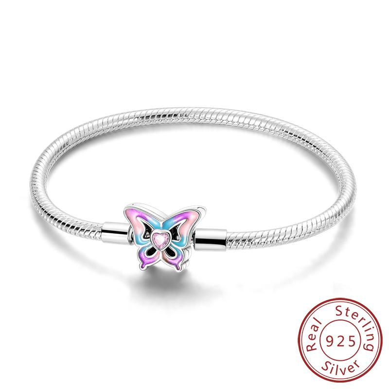 Original 925 Silver Bracelets 17-20CM Love Heart Flowers Butterfly Charms Beads Bracelet For Women Fashion Jewelry Gift