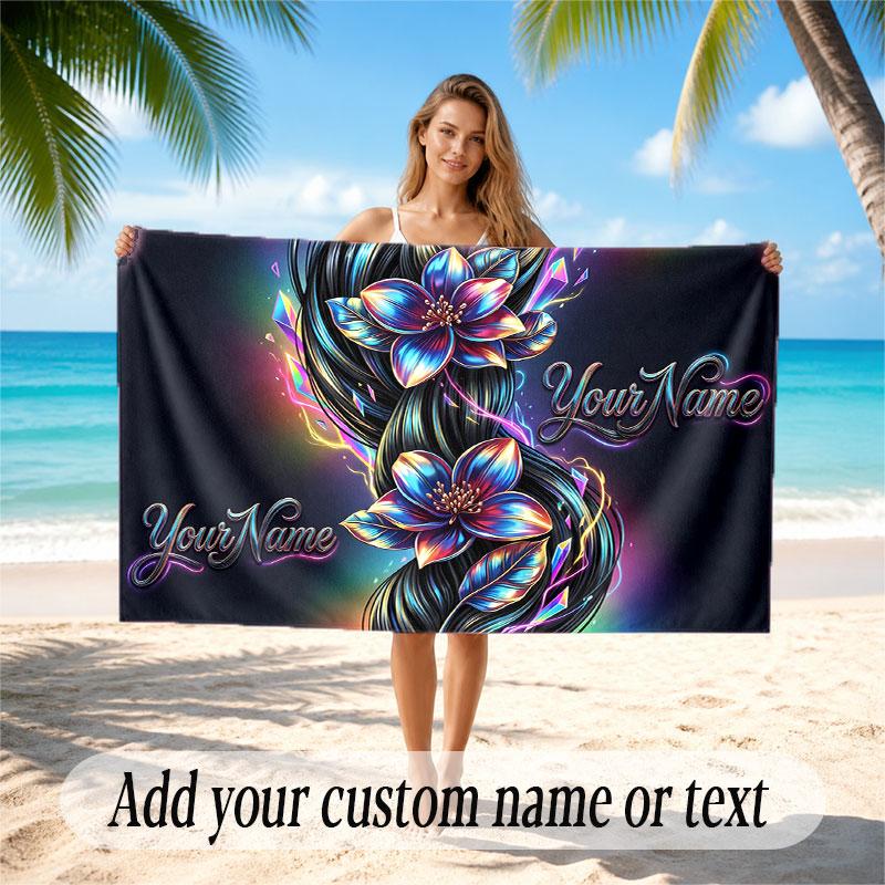 Rose Floral Theme Beach Towel Personalized Custom Name & Text Soft Quick Dry Beach Towel for Swimming Travel