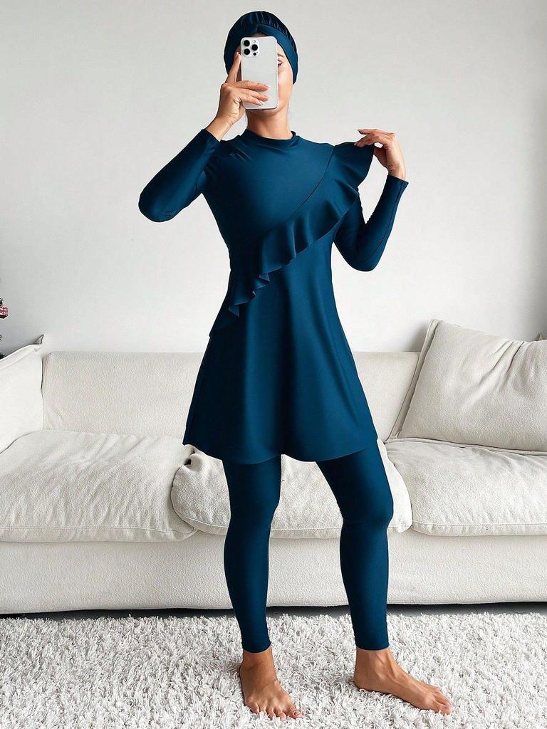 European & American Long-Sleeve One-Piece Swimdress with Slimming Pants