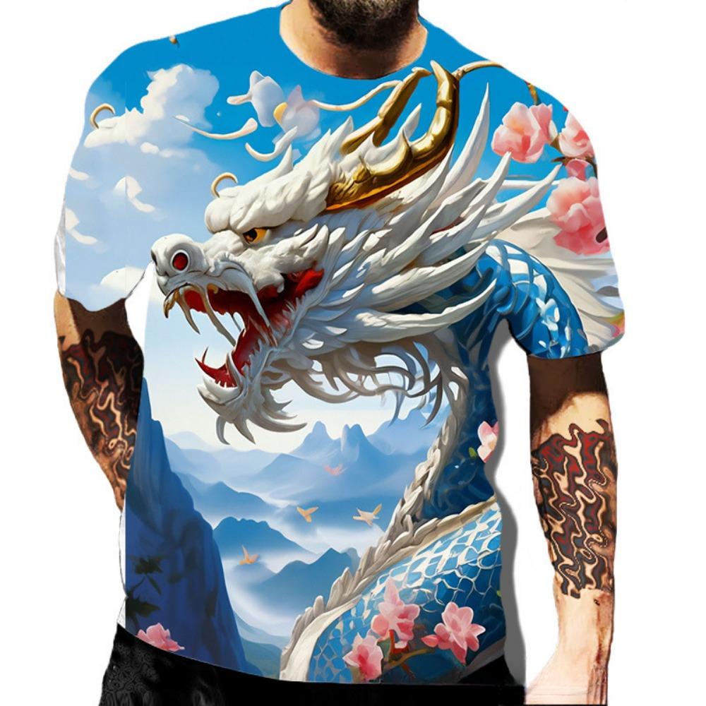 Summer Round Neck 3D Dragon Series Print Top Fashionable Casual Short Sleeved Men's T-shirts