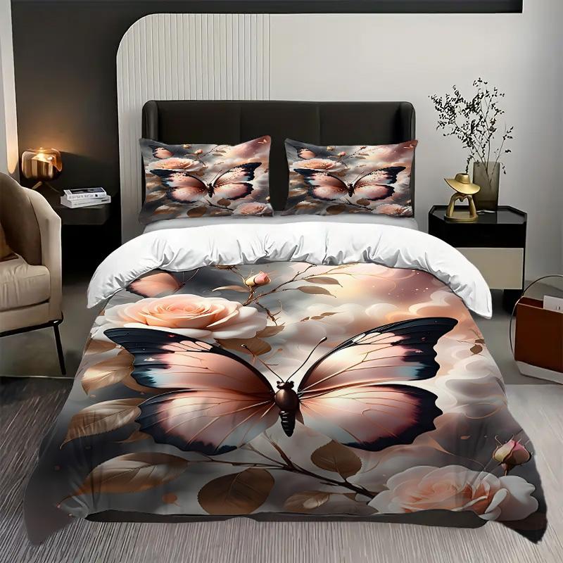 

Butterfly Flower 3D Printed Quilt Cover Elegant Home Textiles Luxury Duvet Cover set Soft Comfortable Bedding Set Pillowcases 135x200cm 2pcs