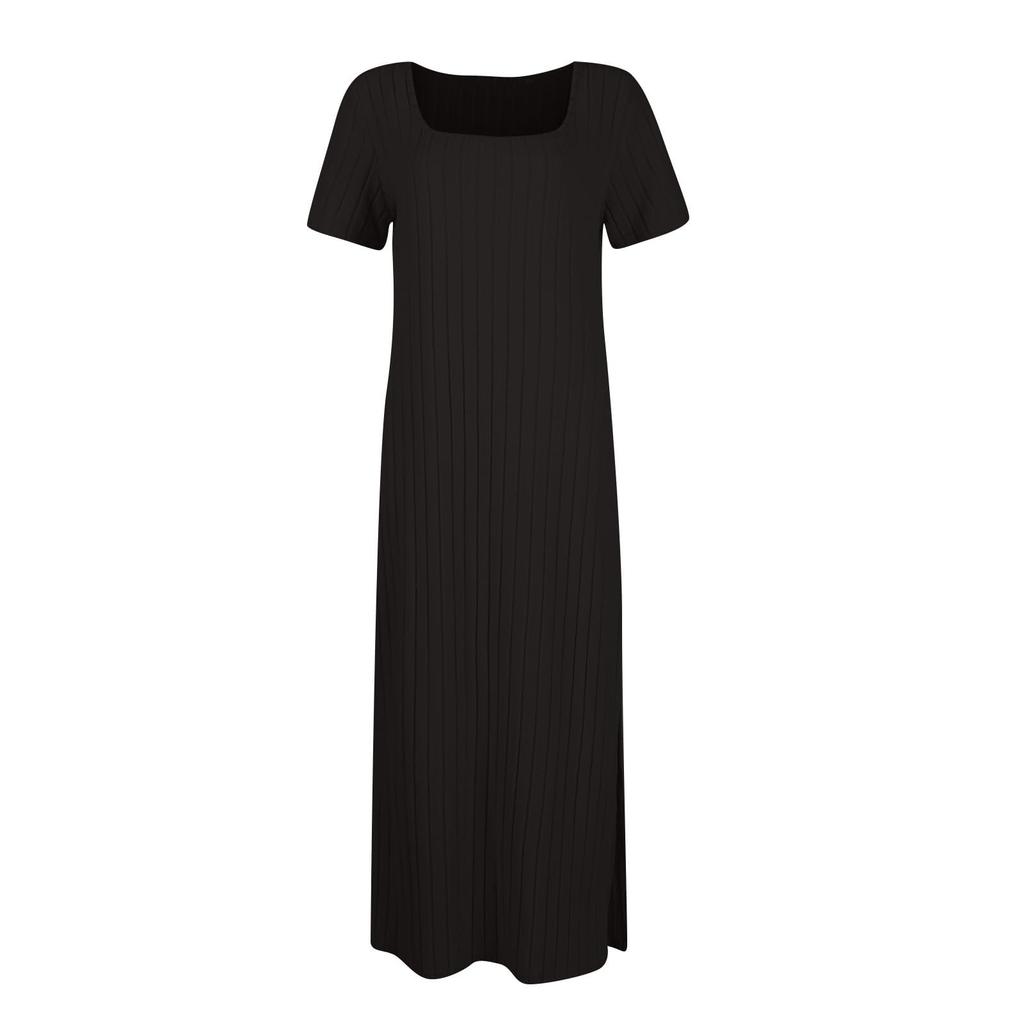 Women's New French Stand Alone Square Neck Short Sleeve Side Slit Dress