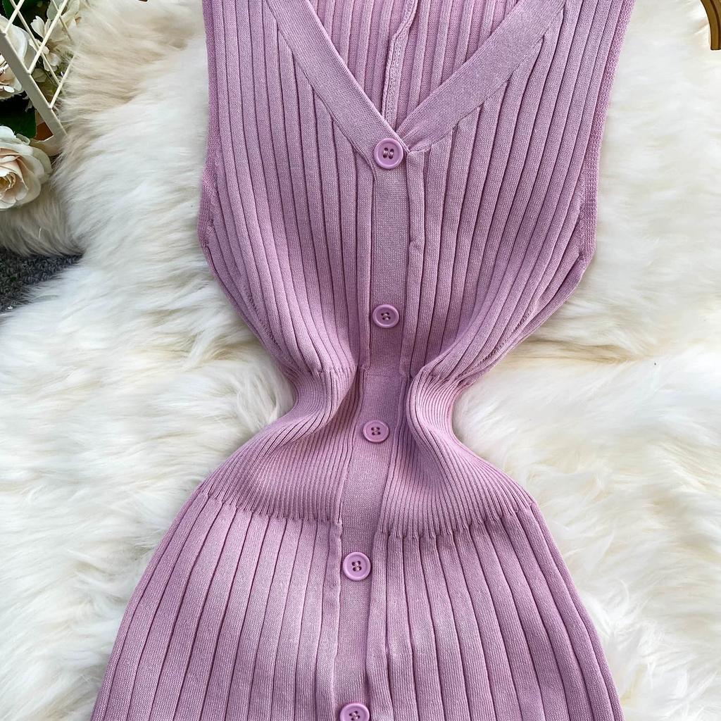 New Summer Solid Round Neck Sleeveless Sweater Knitted Dress for Women Casual Simple Single-breasted Elastic Bottoming Knitwear Dresses