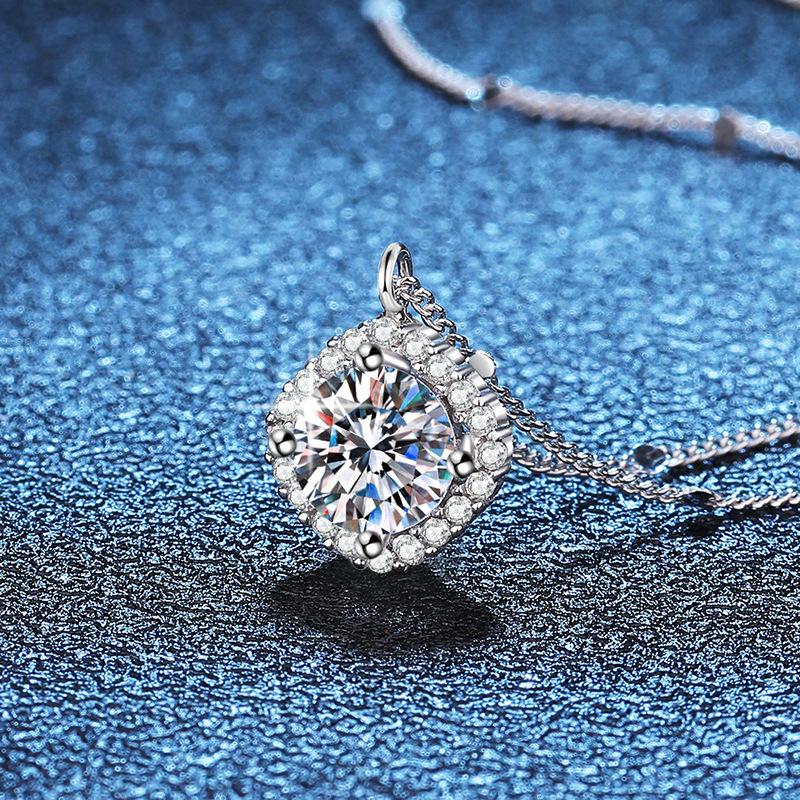 925 Sterling Silver Moissanite Necklace with Light Luxury Square Pendant - 1 Carat D Color Diamond for Women