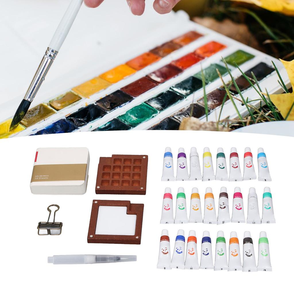 Portable Watercolor Palette Set 24 Color Paints Painting Brush Tiny Mini Artist Watercolor Travel Set with Clip